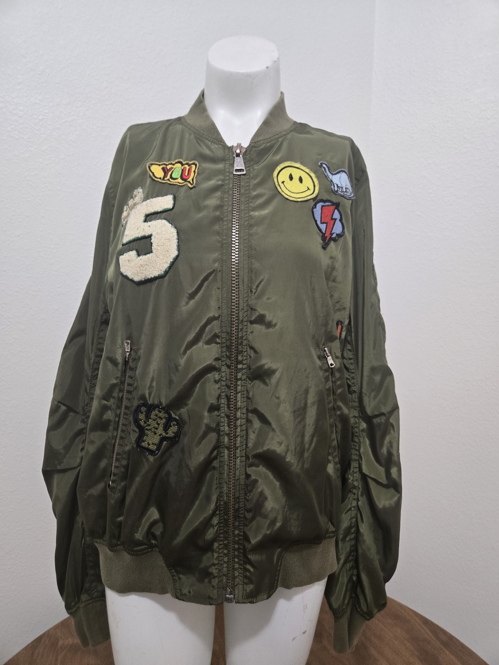 It Girl Olive Green Satin Patchwork Bomber Jacket Y2K L